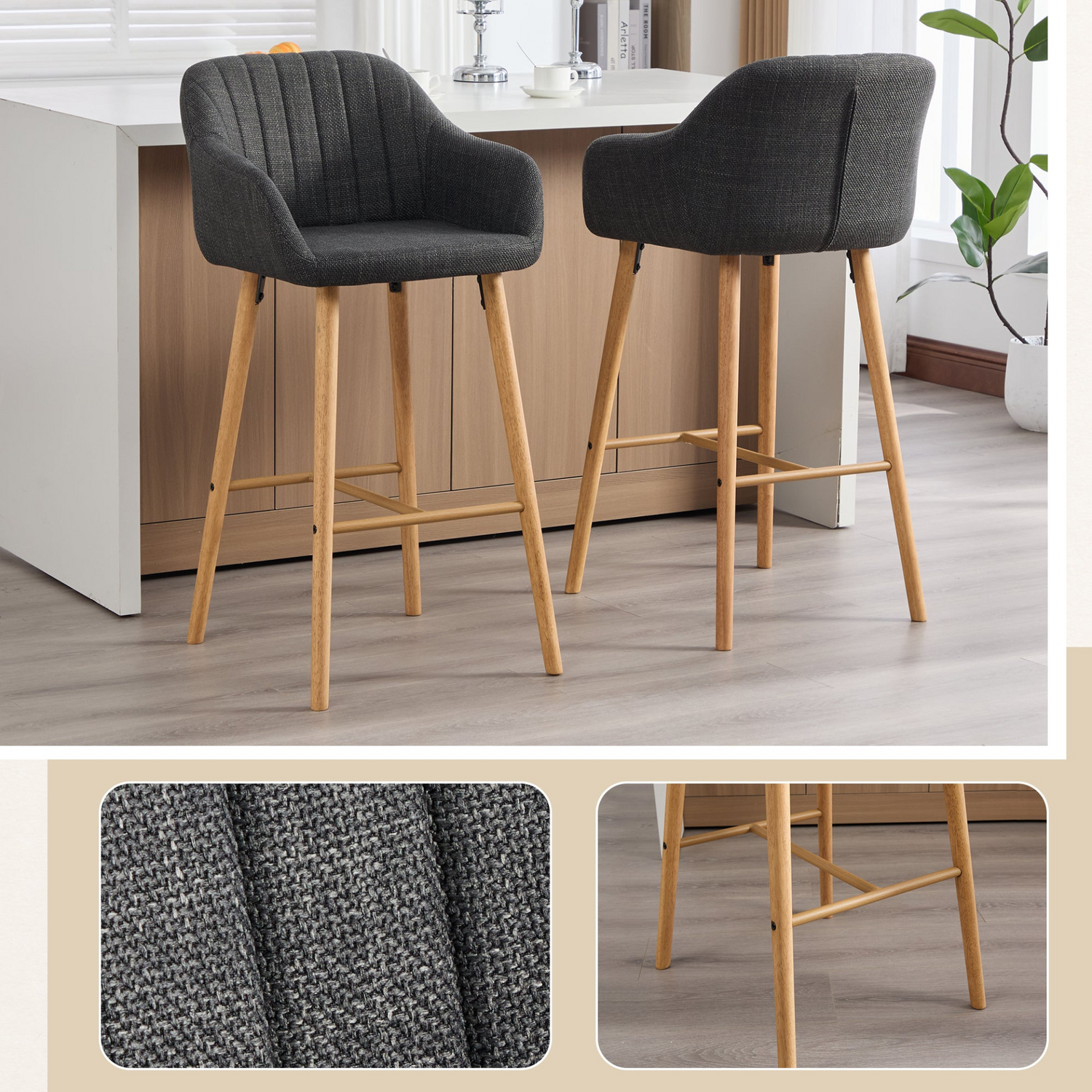 Modern linen upholstered bar stool with back, armrests, footrest, and solid wood legs from Start2Finish furniture.