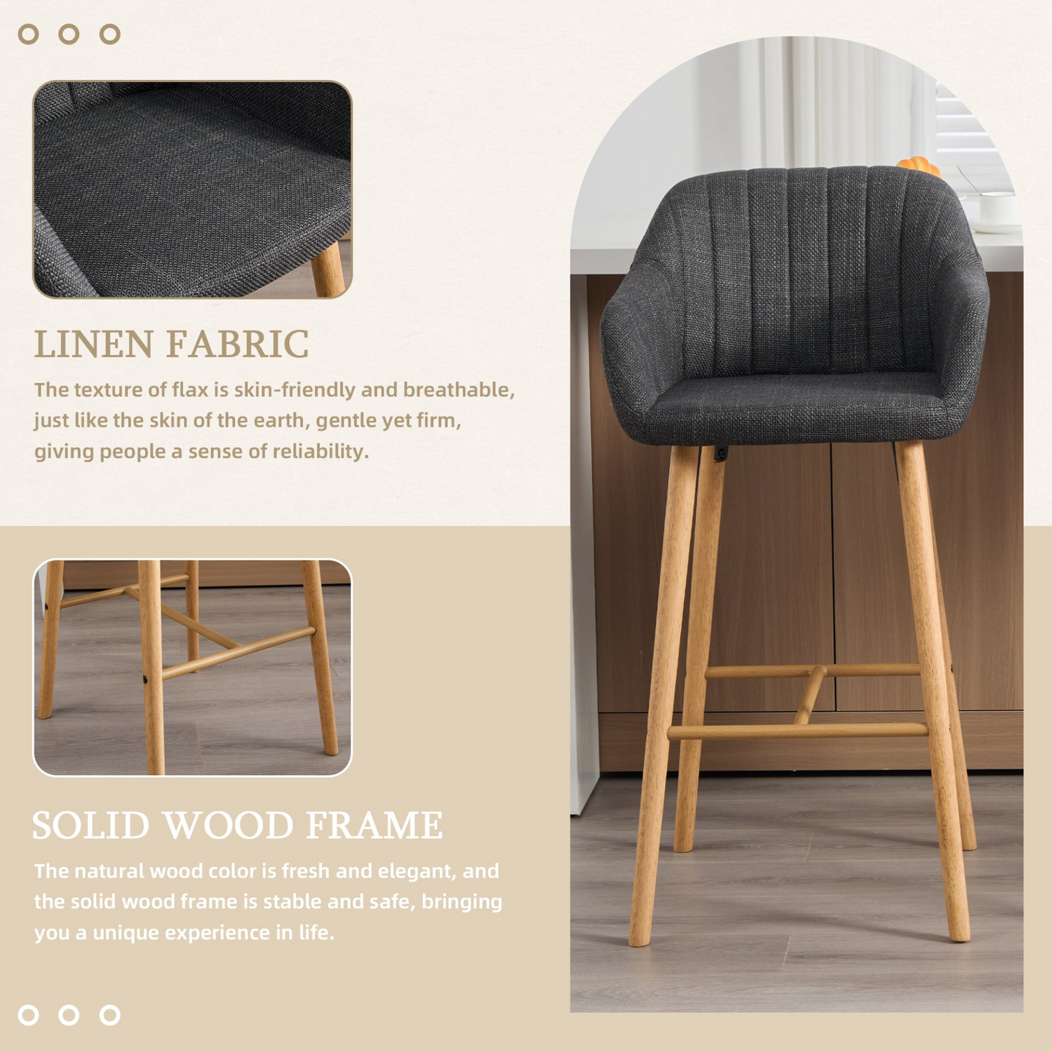 Modern linen upholstered bar stool with backrest, armrests, footrest, and solid wood legs from Start2Finish furniture.