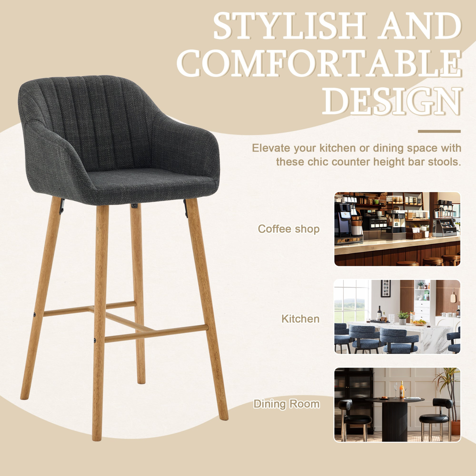 Modern linen upholstered bar stool with back, armrests, footrest, and solid wood legs from Start2Finish furniture.