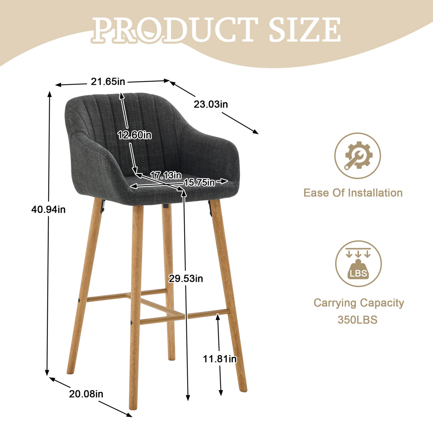 Modern linen upholstered bar stool with back, armrests, footrest, and solid wood legs, by Start2Finish furniture.