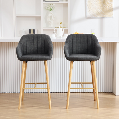 Modern linen upholstered bar stool with back, armrests, footrest, and solid wood legs from Start2Finish furniture collection.