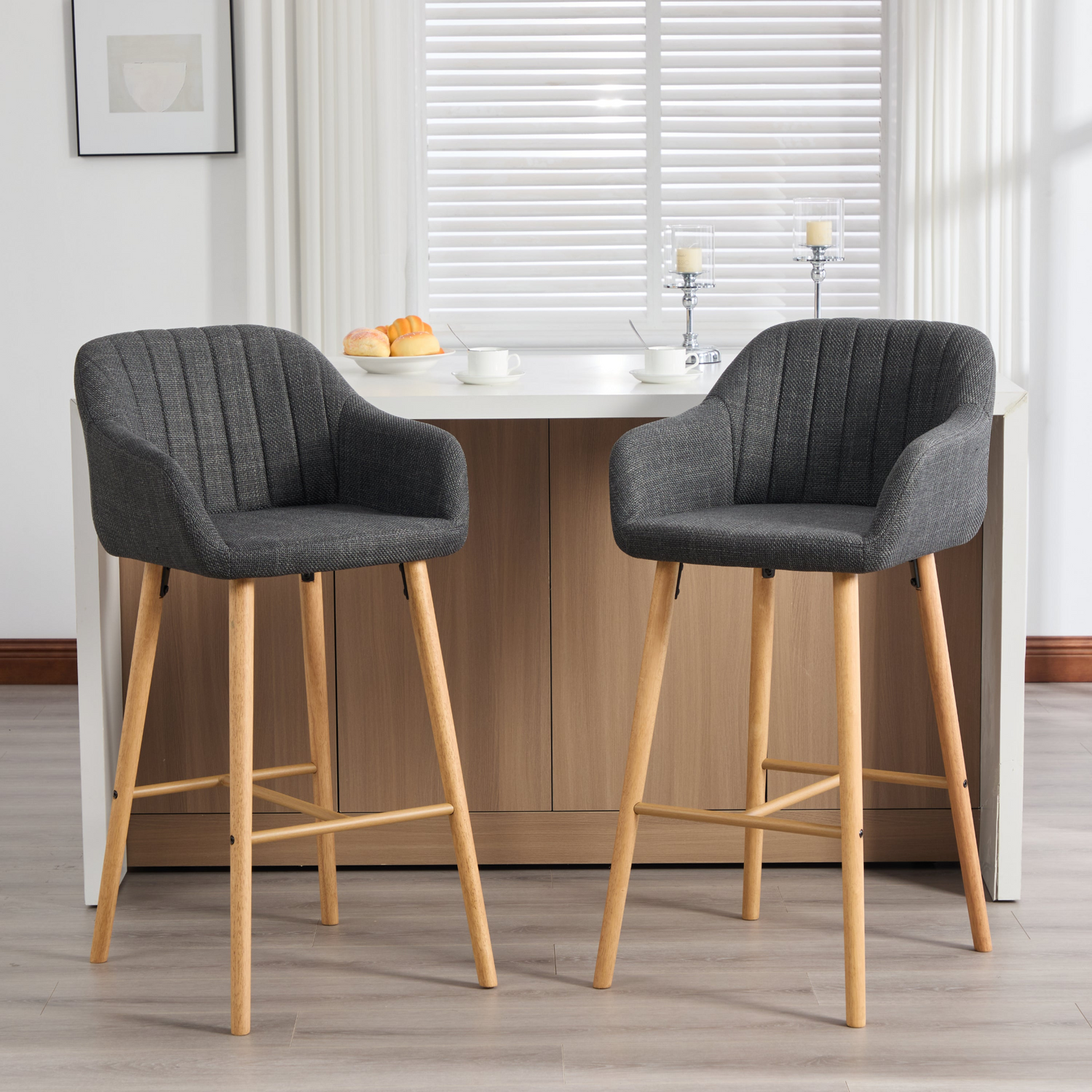 Modern linen upholstered bar stool with backrest, armrests, footrest, and solid wood legs from Start2Finish furniture collection.