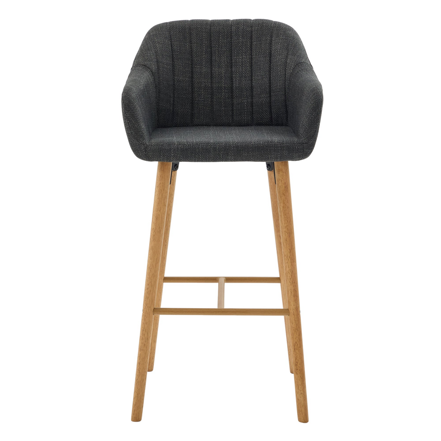 Modern linen upholstered bar stool with back, armrests, footrest, and solid wood legs, by Start2Finish furniture.