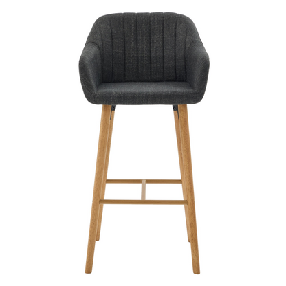 Modern linen upholstered bar stool with back, armrests, footrest, and solid wood legs, by Start2Finish furniture.