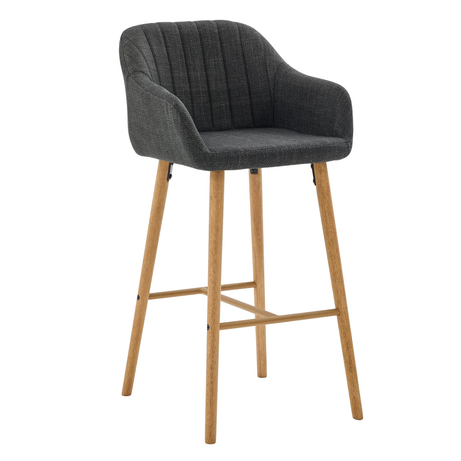 Modern linen upholstered bar stool with back, armrests, footrest, and solid wood legs from Start2Finish furniture collection.