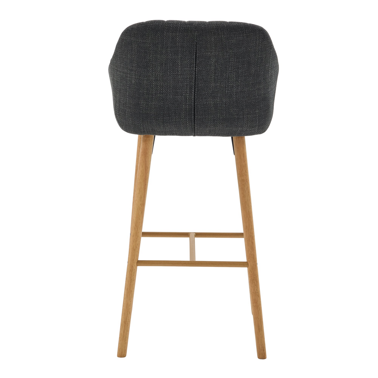 Modern linen upholstered bar stool with back, armrests, footrest, and solid wood legs, designed for stylish furniture decor.