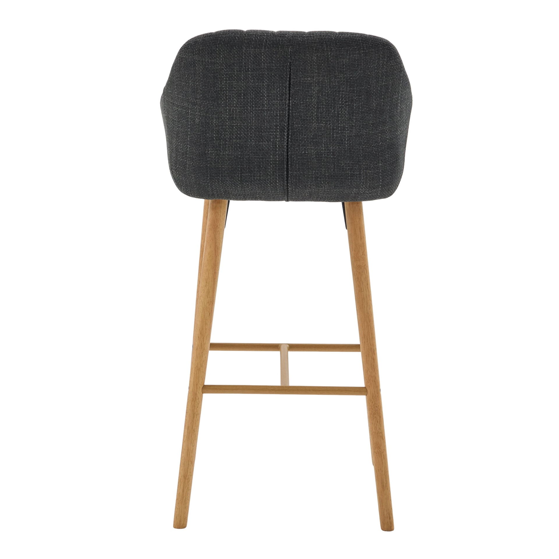 Modern linen upholstered bar stool with back, armrests, footrest, and solid wood legs, designed for stylish furniture decor.