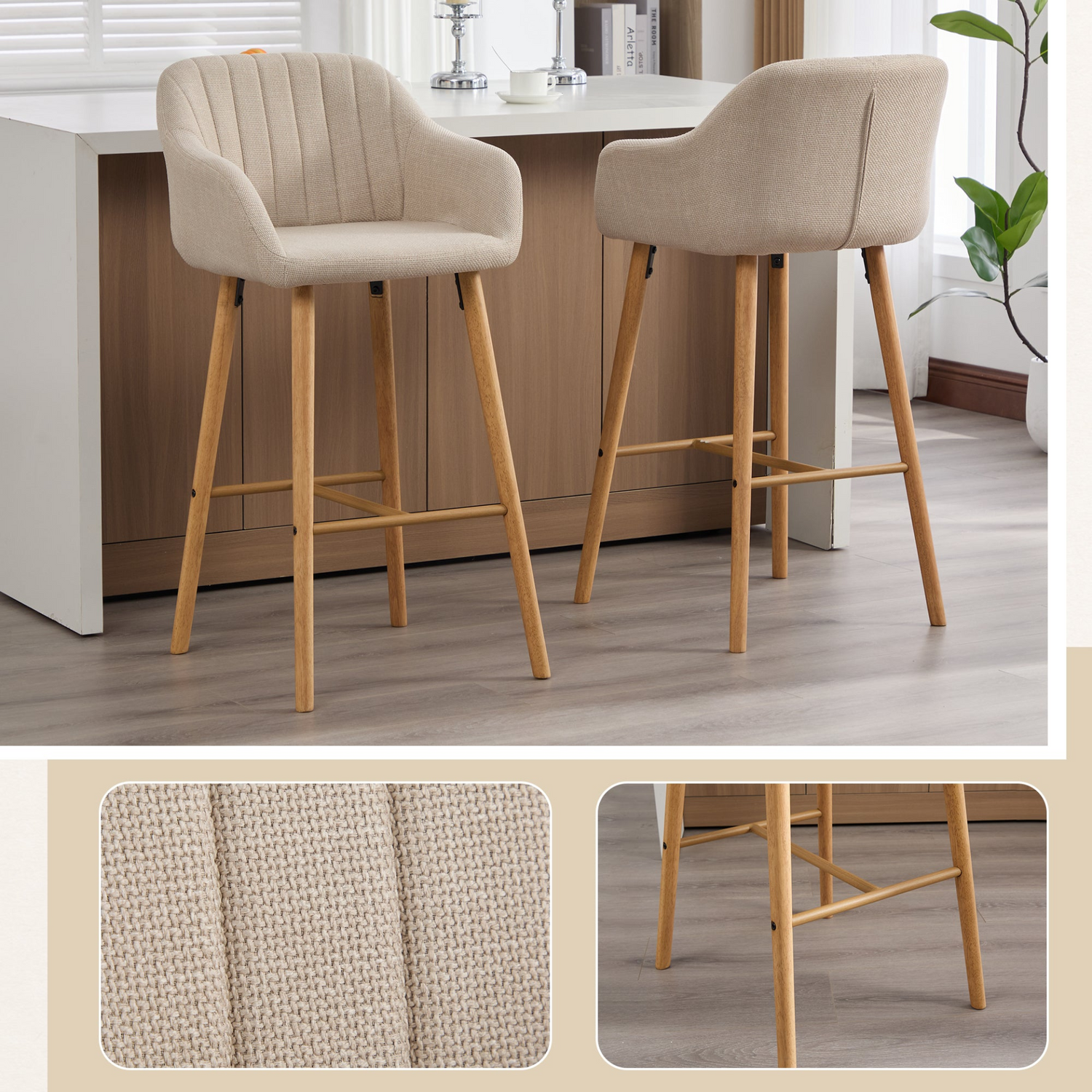 Modern linen upholstered bar stool with back, armrests, footrest, and solid wood legs, showcasing stylish furniture design.