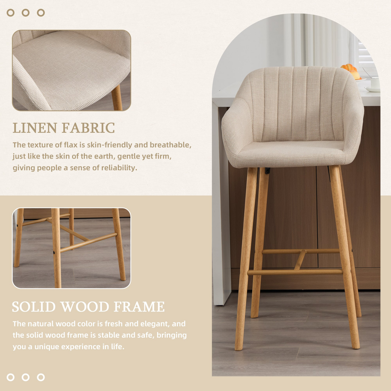 Modern linen upholstered bar stool with back, armrests, footrest, and solid wood legs by Start2Finish furniture.