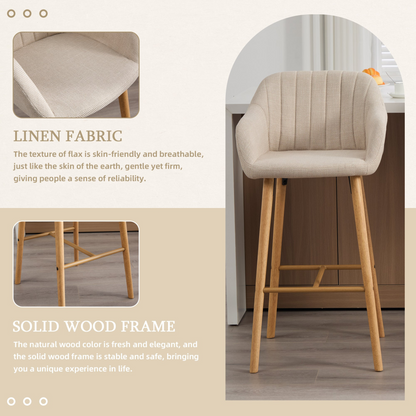 Modern linen upholstered bar stool with back, armrests, footrest, and solid wood legs by Start2Finish furniture.