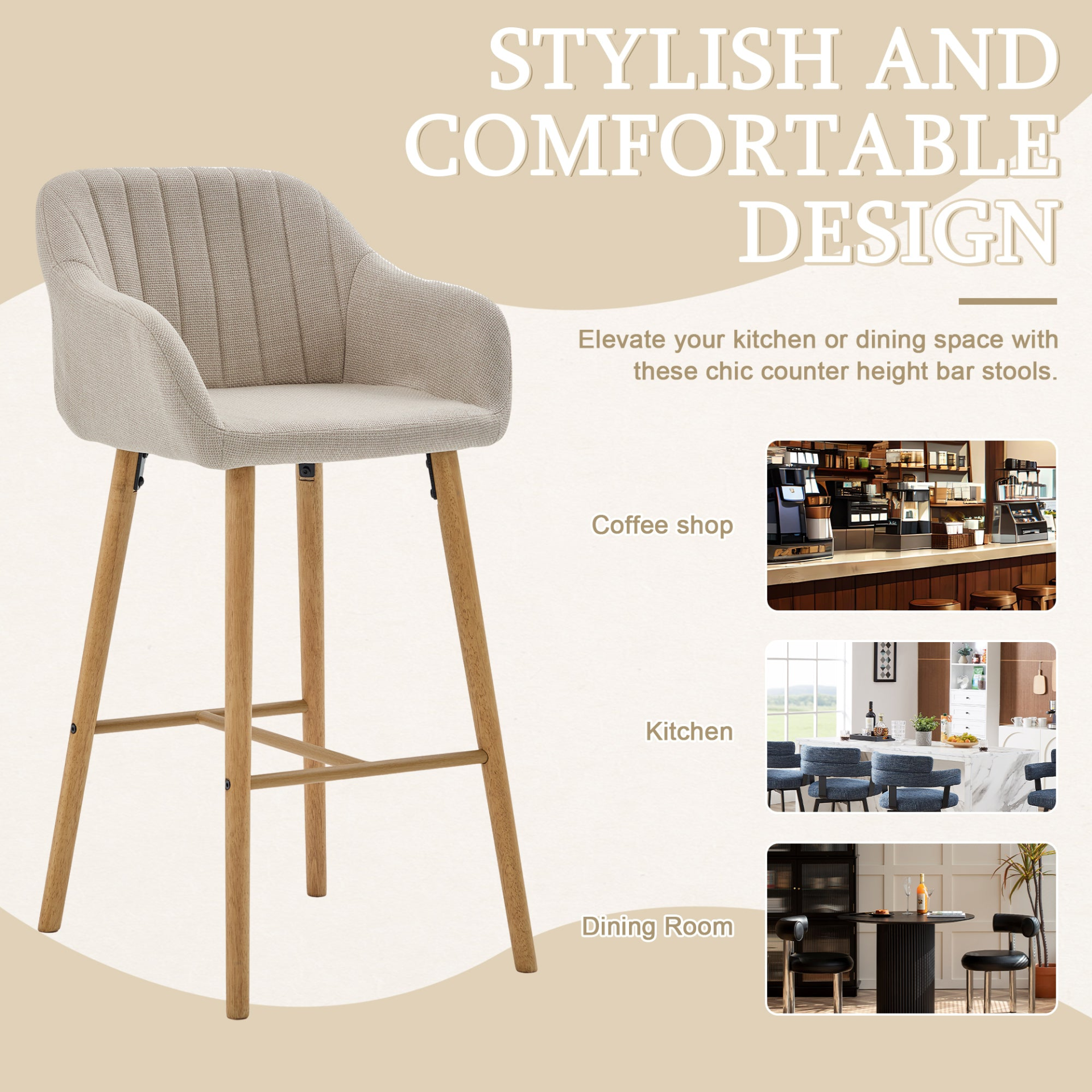 Modern linen upholstered bar stool with back, armrests, footrest, and solid wood legs by Start2Finish furniture