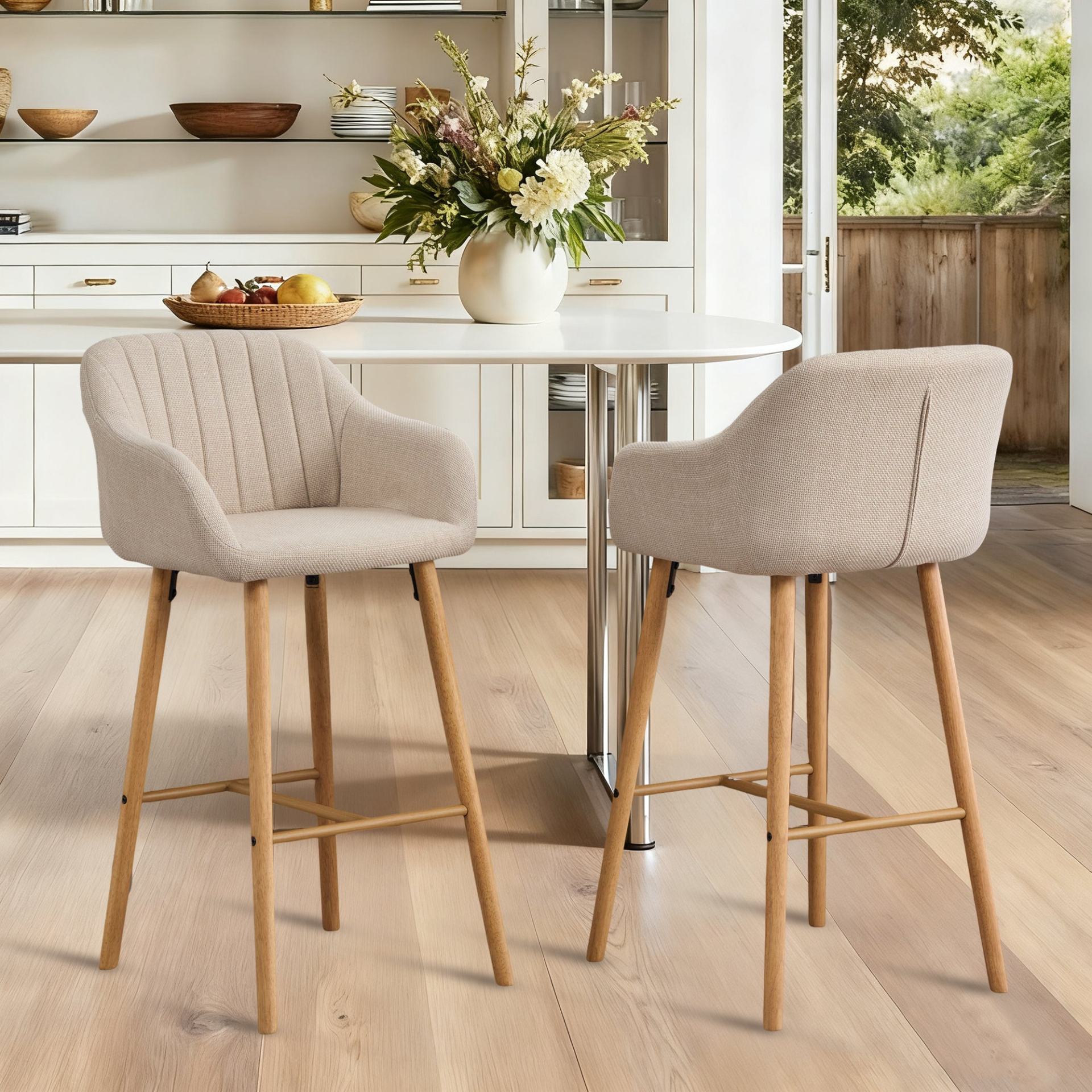 Modern linen upholstered bar stool with back, armrests, footrest, and solid wood legs from Start2Finish furniture.