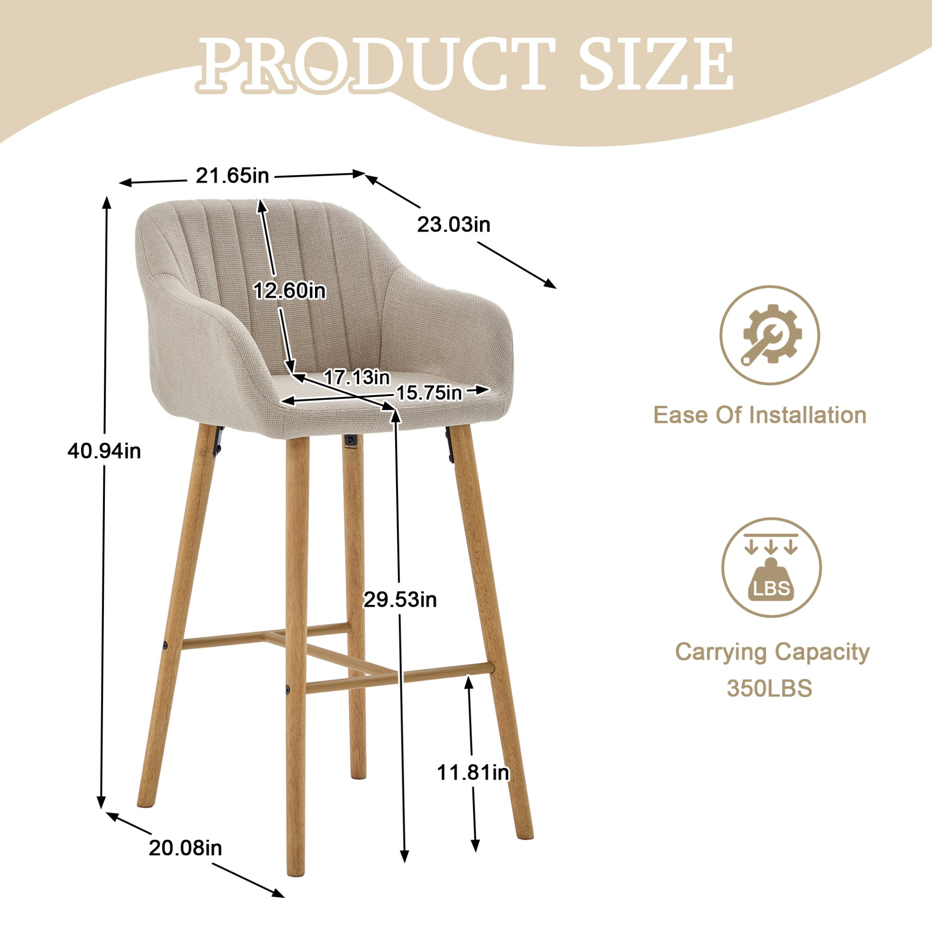 Modern linen upholstered bar stool with back, armrests, footrest, and solid wood legs, featuring stylish furniture design.