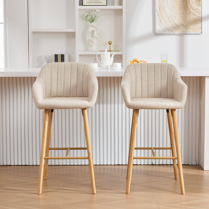Modern linen upholstered bar stool with backrest, armrests, footrest, and solid wood legs from Start2Finish furniture collection.