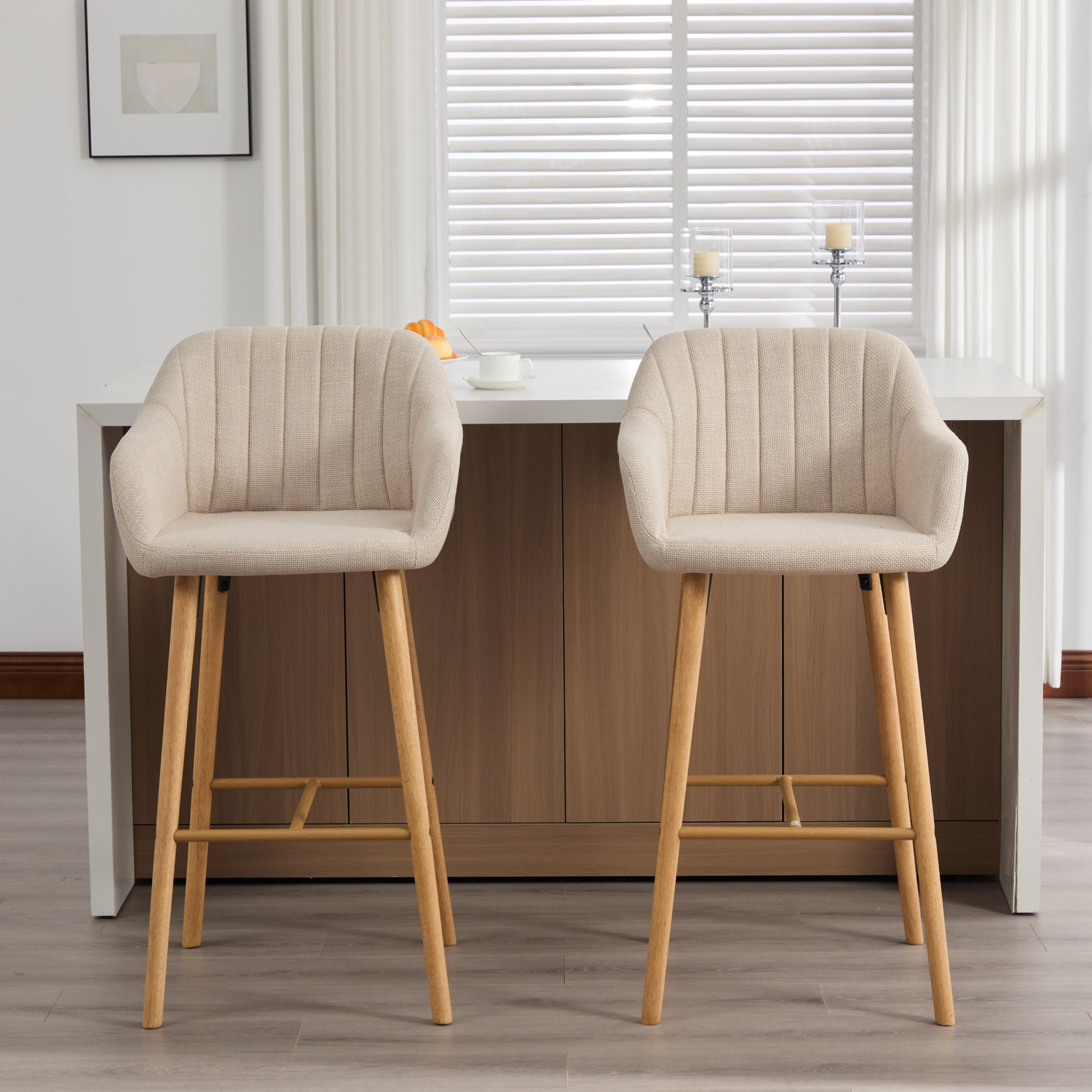 Modern linen upholstered bar stool by Start2Finish with backrest, armrests, footrest, and solid wood legs.