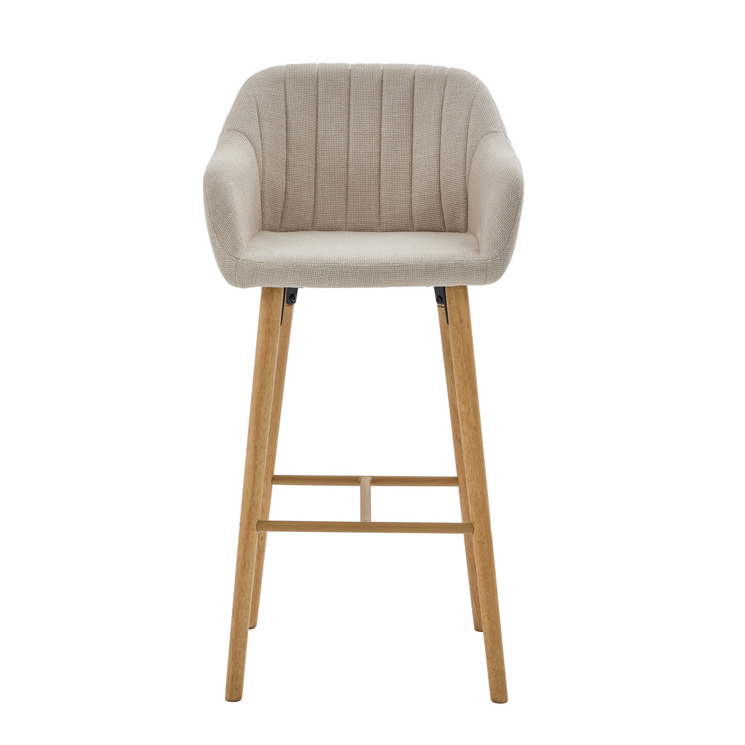 Modern linen upholstered bar stool with back, armrests, footrest, and solid wood legs from Start2Finish furniture.