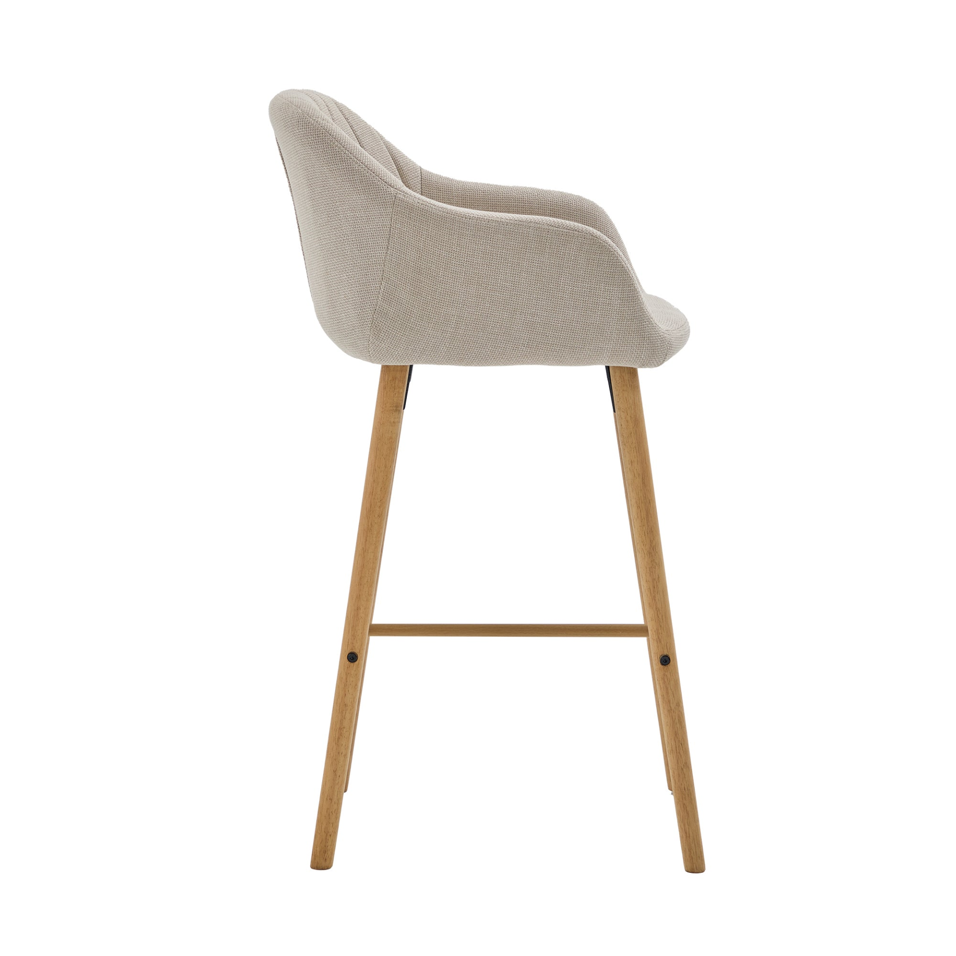 Modern linen upholstered bar stool with backrest, armrests, footrest, and solid wood legs, designed by Start2Finish furniture.