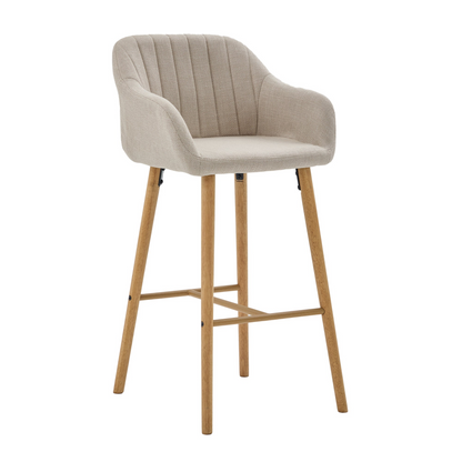 Modern linen upholstered bar stool with back, armrests, footrest, and solid wood legs from Start2Finish furniture.