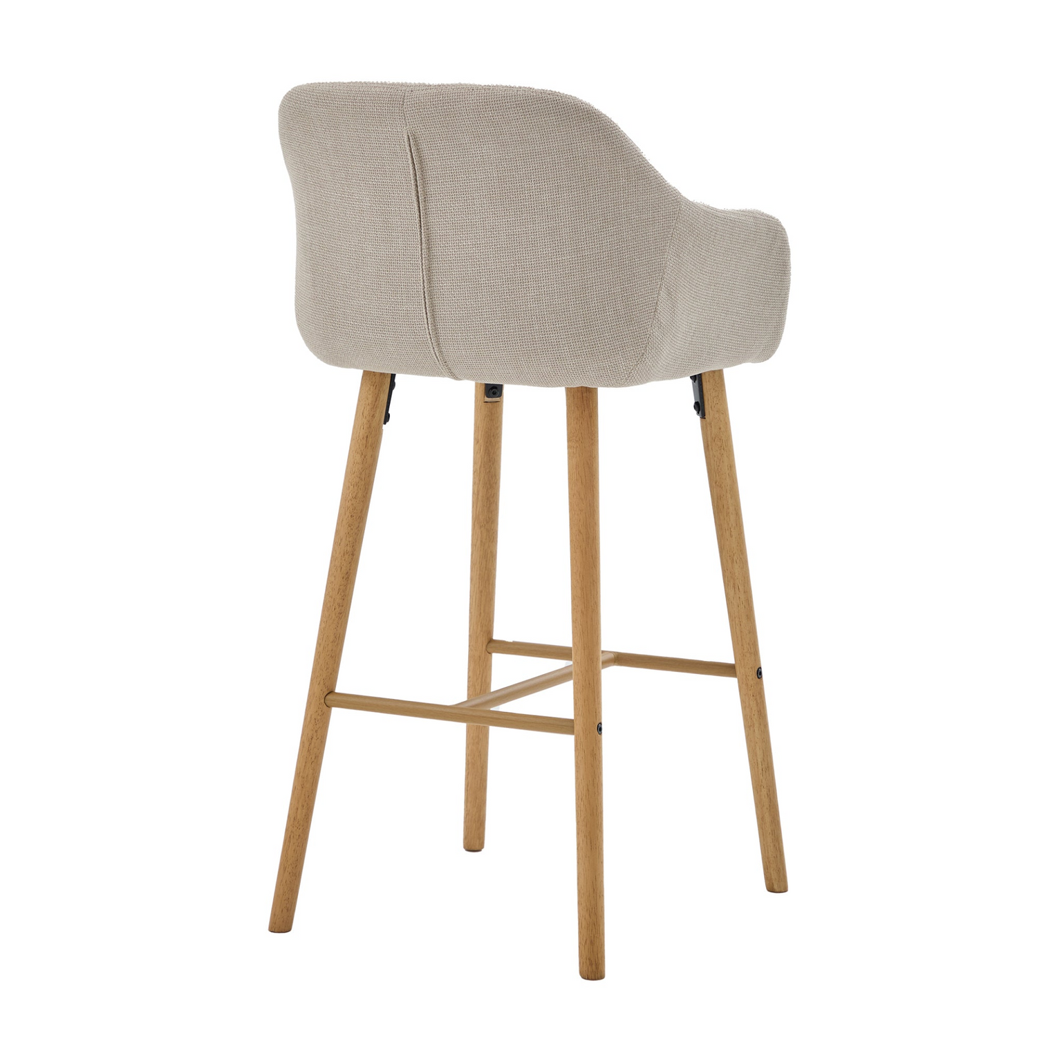 Modern linen upholstered bar stool with back, armrests, footrest, and solid wood legs, featuring a stylish and comfortable design.