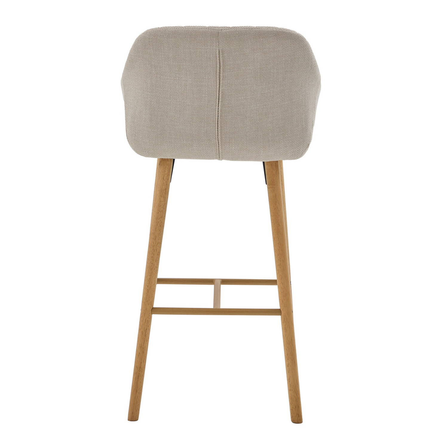 Modern linen upholstered bar stool with back, armrests, footrest, and solid wood legs from Start2Finish furniture.