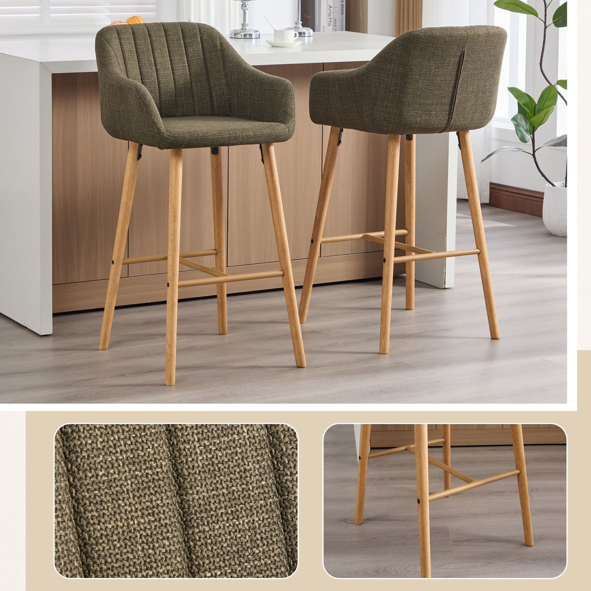 Modern linen upholstered bar stool with back, armrests, footrest, and solid wood legs, designed for stylish kitchen or bar seating.