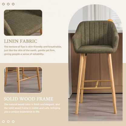 Modern linen upholstered bar stool with backrest, armrests, footrest, and solid wood legs, by Start2Finish.