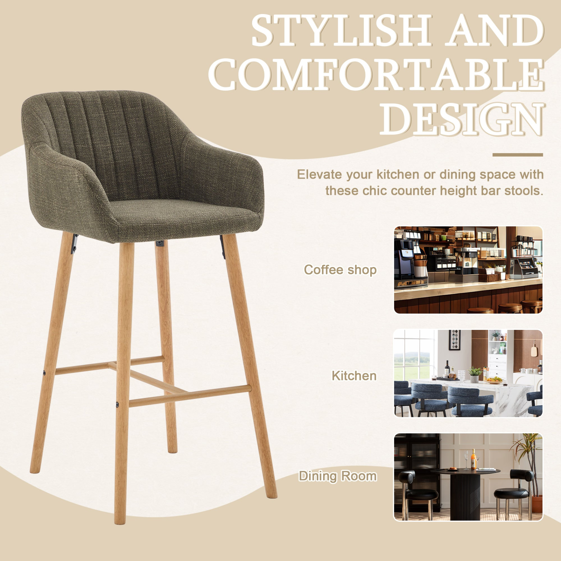 Modern linen upholstered bar stool with back, armrests, footrest, and solid wood legs from Start2Finish furniture.