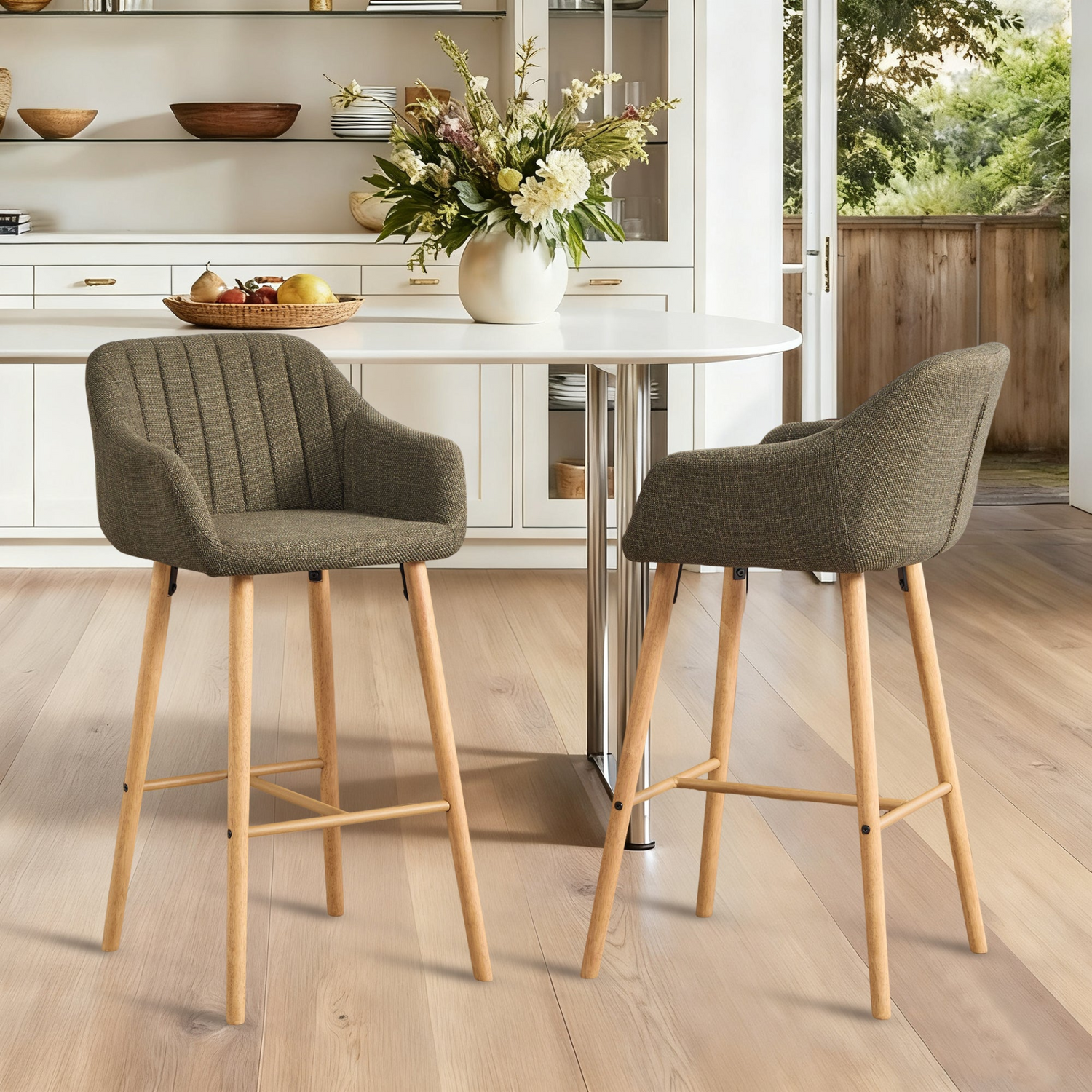 Modern linen upholstered bar stool with back, armrests, footrest, and solid wood legs, featuring stylish and comfortable furniture design.