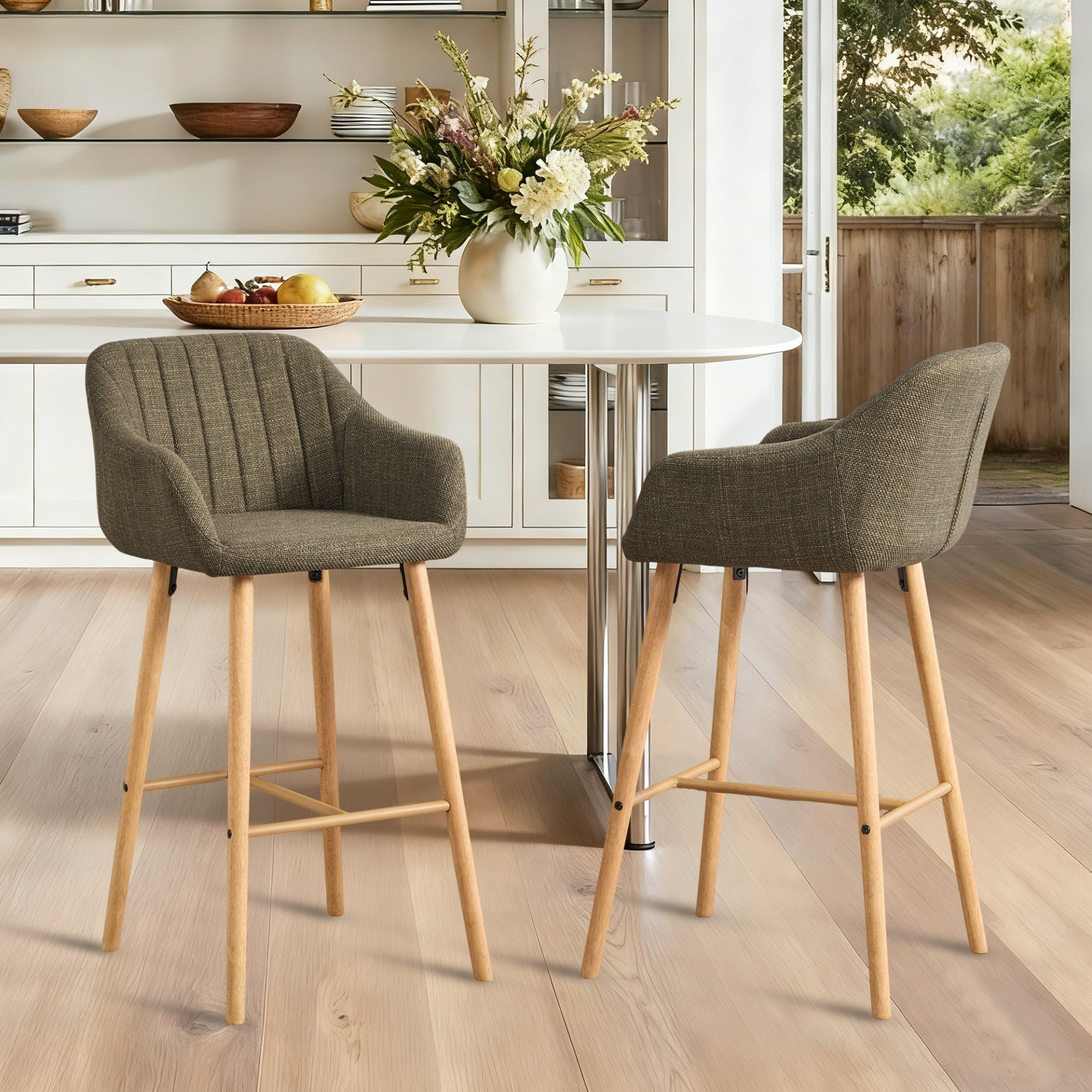 Modern linen upholstered bar stool with back, armrests, footrest, and solid wood legs, featuring stylish and comfortable furniture design.