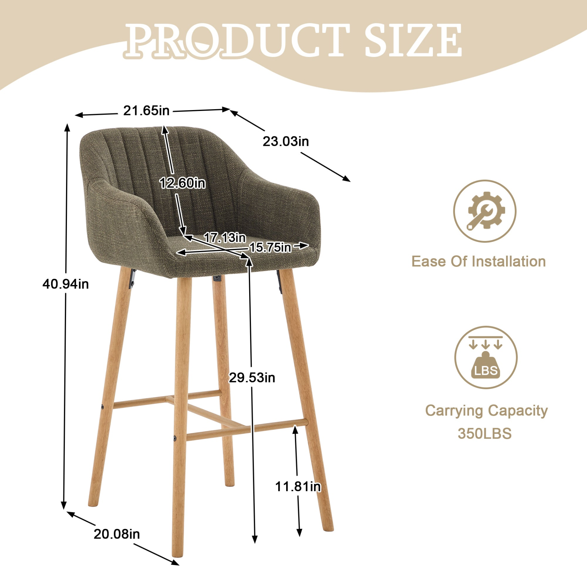 Modern linen upholstered bar stool with backrest, armrests, footrest, and solid wood legs by Start2Finish furniture.