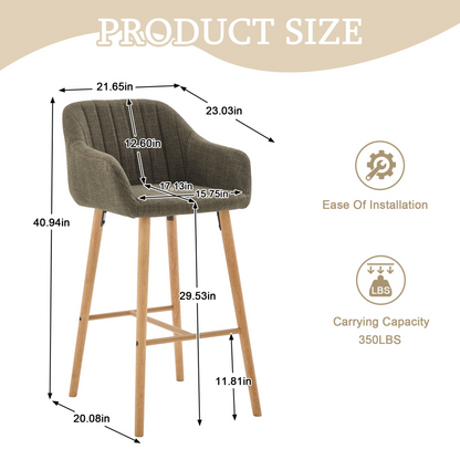 Modern linen upholstered bar stool with backrest, armrests, footrest, and solid wood legs by Start2Finish furniture.
