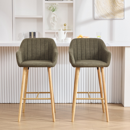 Modern linen upholstered bar stool with back, armrests, footrest, and solid wood legs from Start2Finish furniture collection.