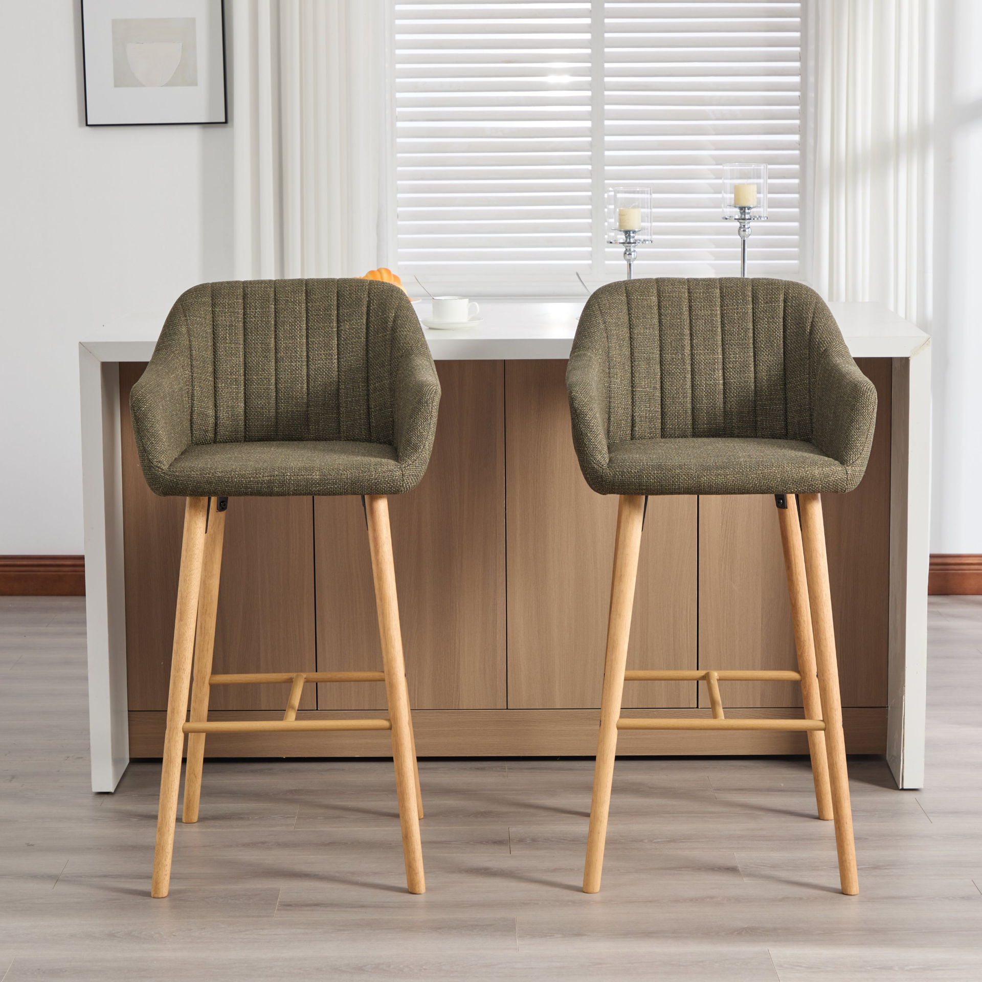 Modern linen upholstered bar stool by Start2Finish with backrest, armrests, footrest, and solid wood legs.