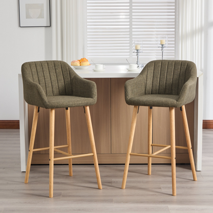 Modern linen upholstered bar stool by Start2Finish with backrest, armrests, footrest, and solid wood legs for stylish seating.