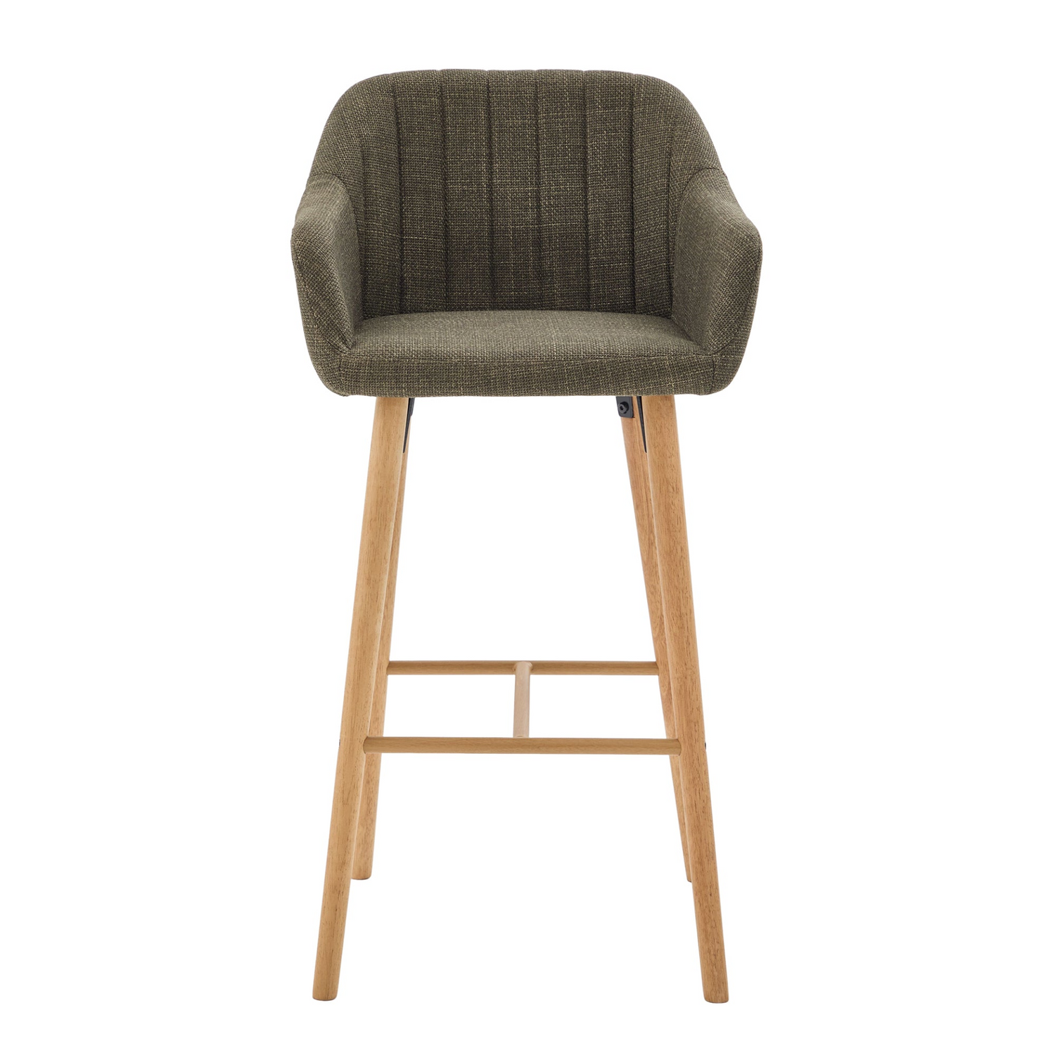 Modern linen upholstered bar stool with back, armrests, footrest, and solid wood legs from Start2Finish furniture.