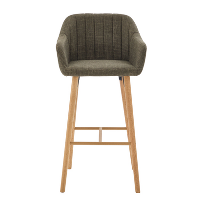 Modern linen upholstered bar stool with back, armrests, footrest, and solid wood legs from Start2Finish furniture.