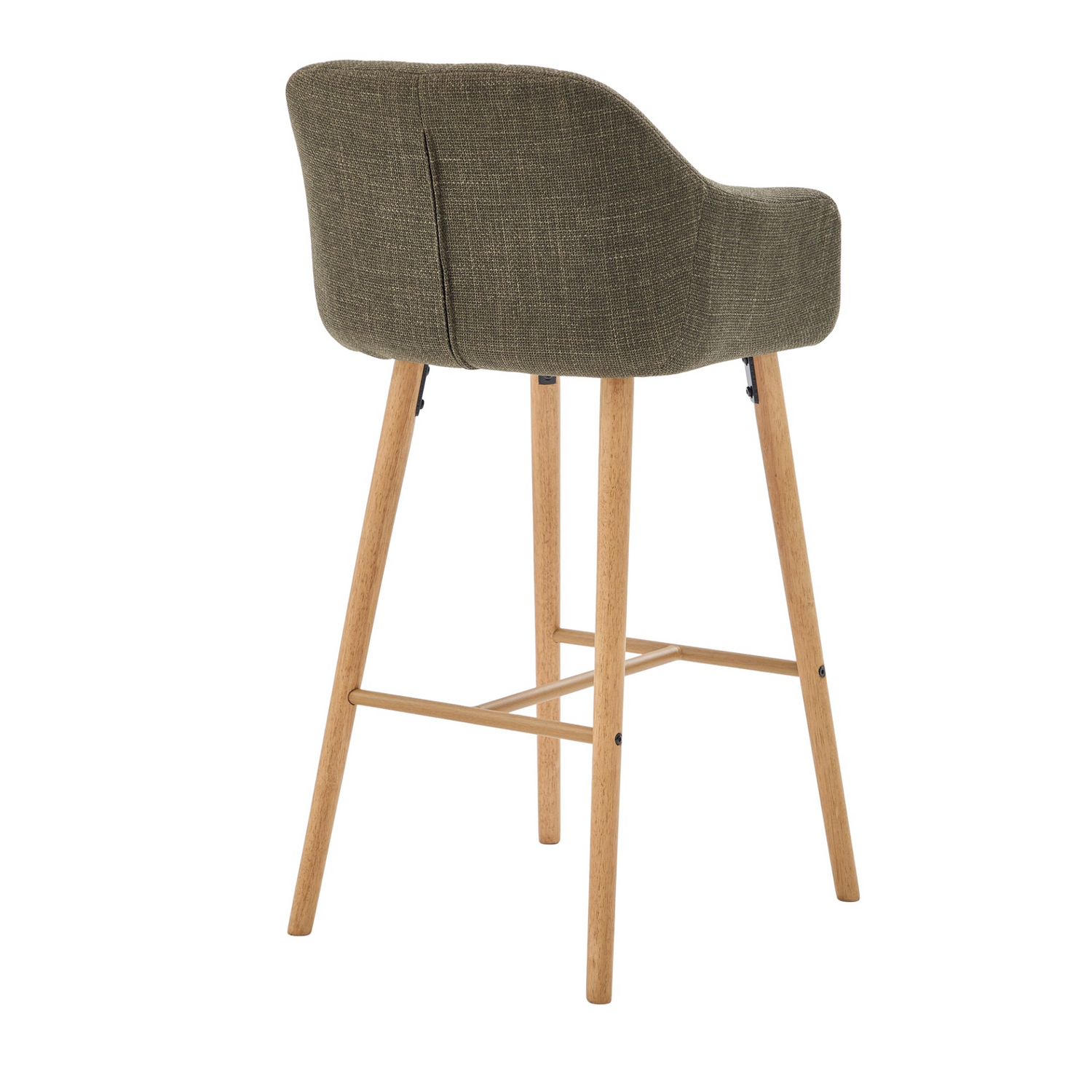 Modern linen upholstered bar stool with backrest, armrests, footrest, and solid wood legs from Start2Finish furniture collection.
