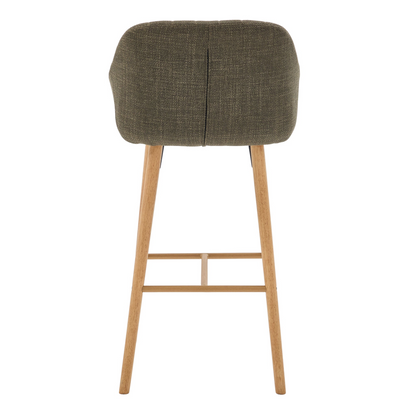 Modern linen upholstered bar stool with backrest, armrests, footrest, and solid wood legs from Start2Finish furniture collection.