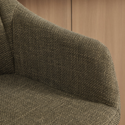 Modern linen upholstered bar stool with back, armrests, footrest, and solid wood legs from Start2Finish furniture.