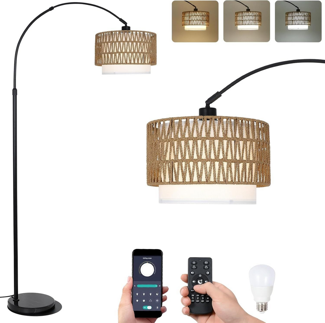 Modern LED arc floor lamp by Start2Finish with rattan and linen shades, featuring a dimmable standing design and elegant curved structure.