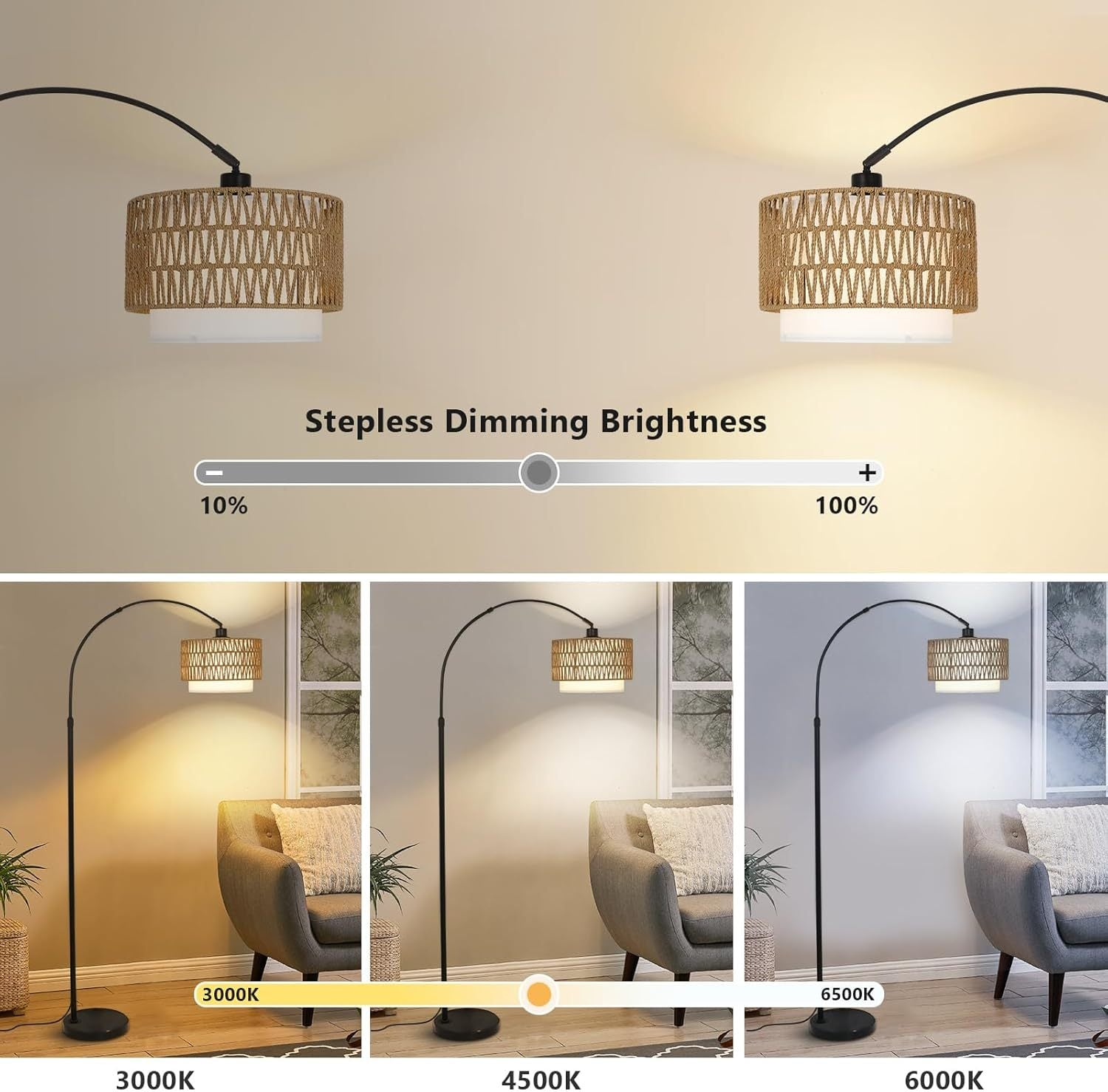 Modern LED arc floor lamp by Start2Finish with dimmable feature, featuring rattan and linen shades for stylish lighting.