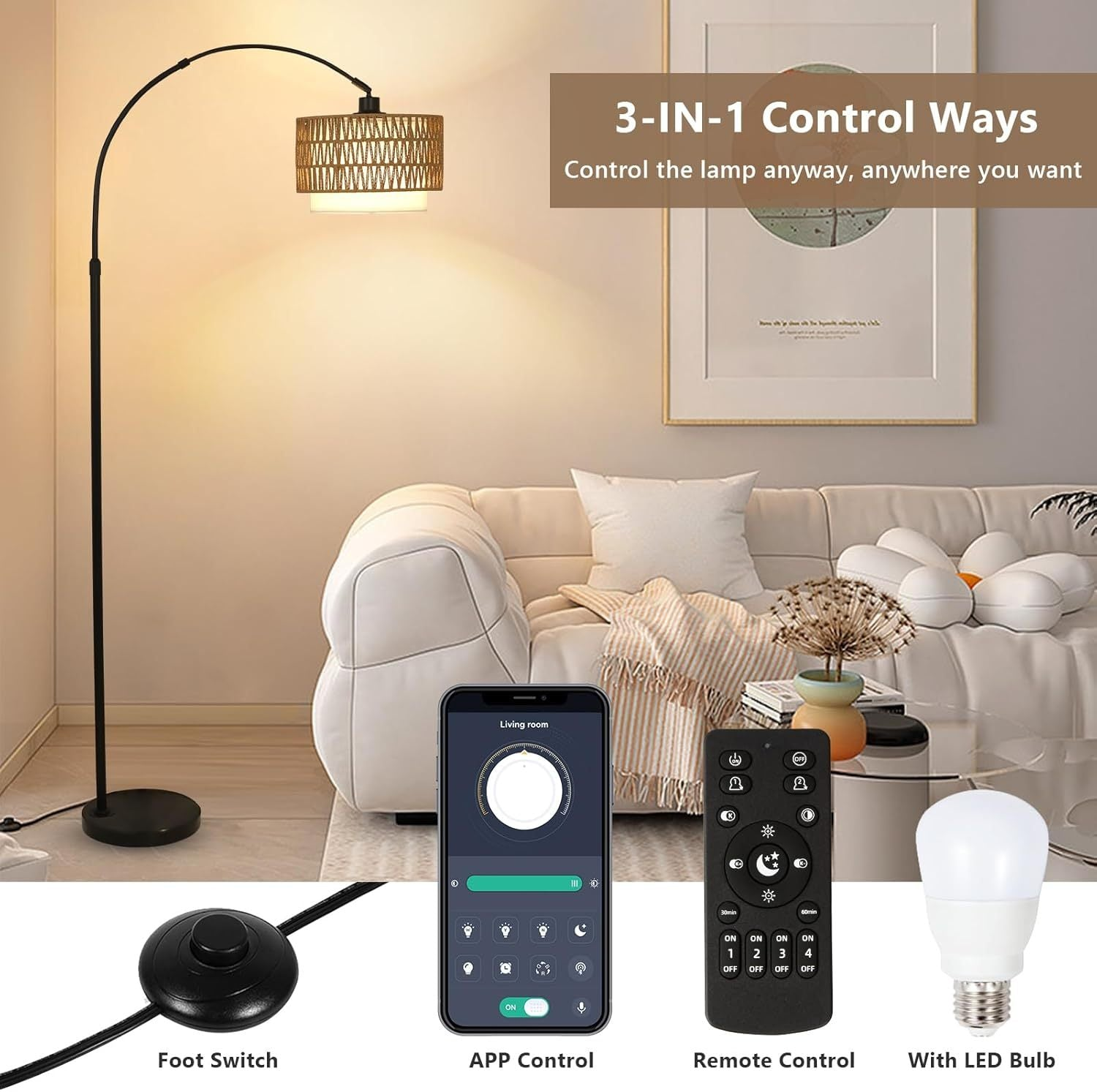 Modern LED arc floor lamp with dimmable brightness, featuring rattan and linen shades for stylish home lighting.