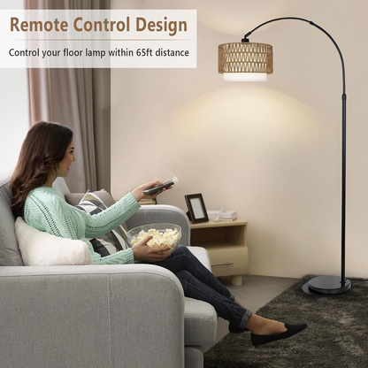 Modern LED arc floor lamp by Start2Finish with rattan and linen shades, featuring a tall, curved standing design and adjustable dimmable lighting.