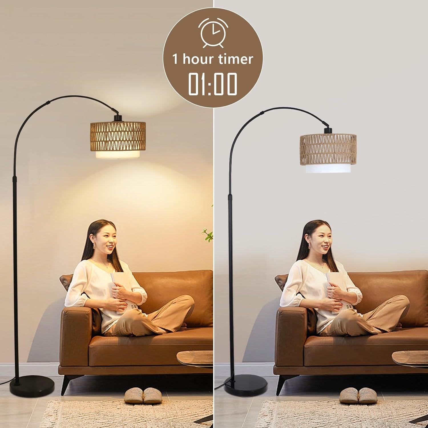 Modern LED arc floor lamp by Start2Finish with dimmable feature, featuring rattan and linen shades for stylish lighting.