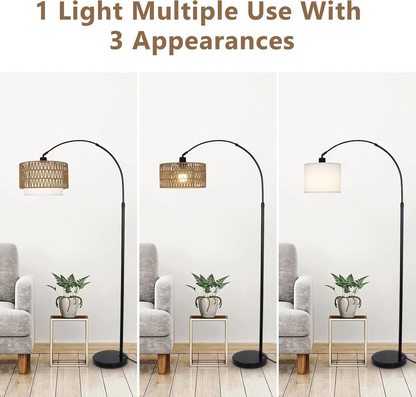 Modern LED arc floor lamp by Start2Finish with rattan and linen shades, featuring a sleek curved stand and adjustable dimmable lighting.