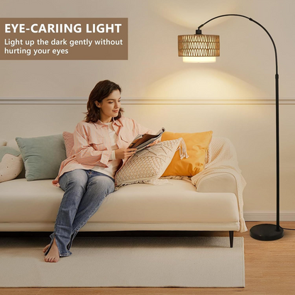 Modern LED arc floor lamp by Start2Finish with rattan and linen shades, featuring a sleek design and adjustable dimmable lighting.