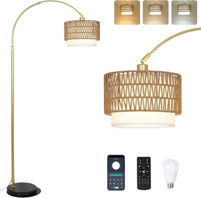 Modern LED arc floor lamp by Start2Finish with dimmable feature, featuring rattan and linen shades for stylish lighting.