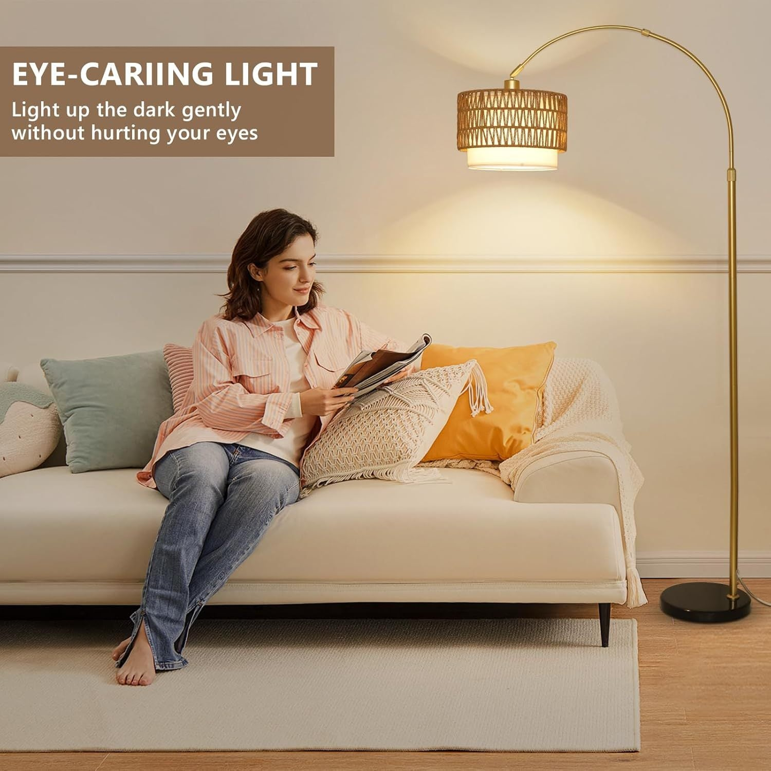 Start2Finish Arc Floor Lamp with modern LED, dimmable, featuring rattan and linen shades, standing upright for living room lighting.