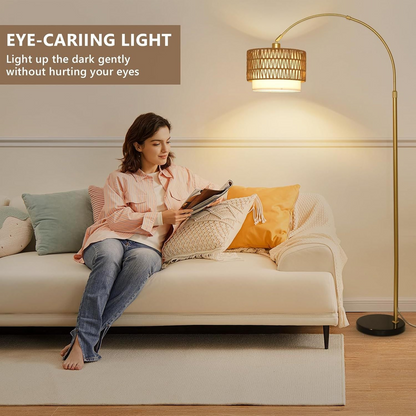 Start2Finish Arc Floor Lamp with modern LED, dimmable, featuring rattan and linen shades, standing upright for living room lighting.