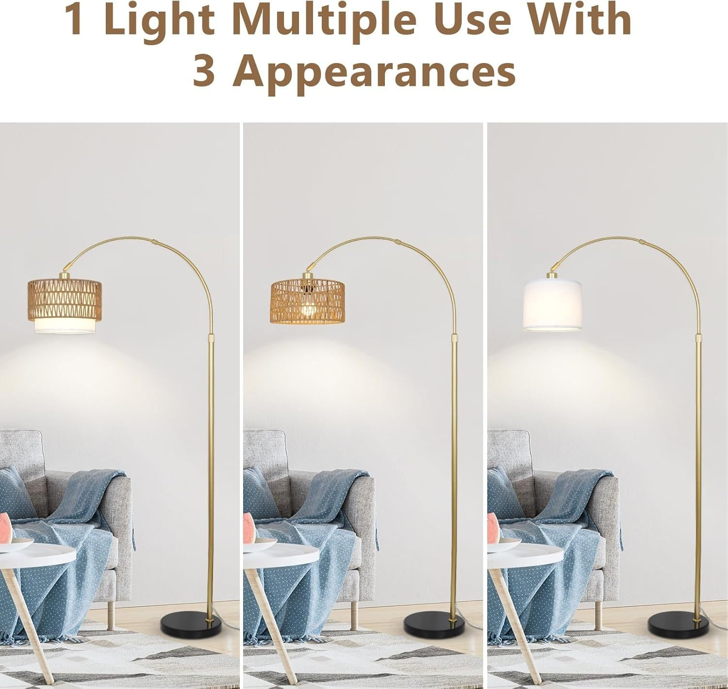 Modern LED arc floor lamp with dimmable feature, featuring rattan and linen shades for stylish lighting in living spaces.
